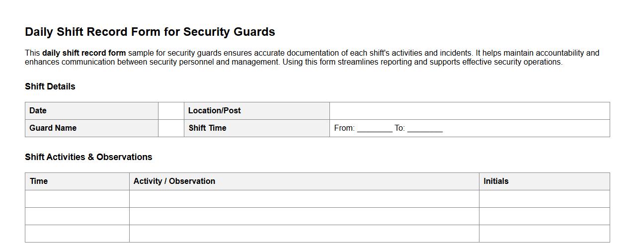 daily shift record form sample for security guards image preview