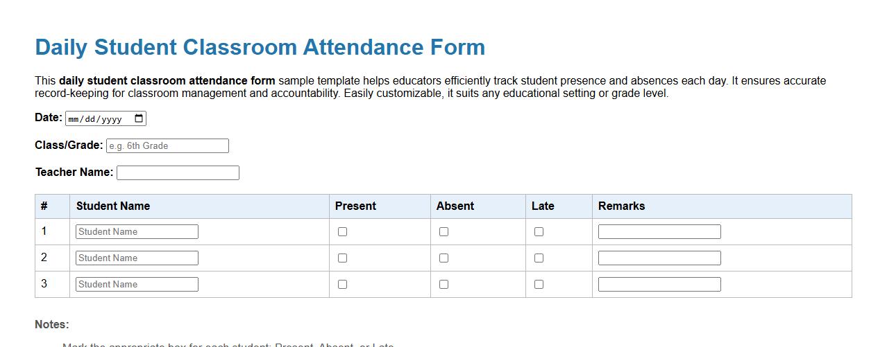 Daily student classroom attendance form sample template image preview