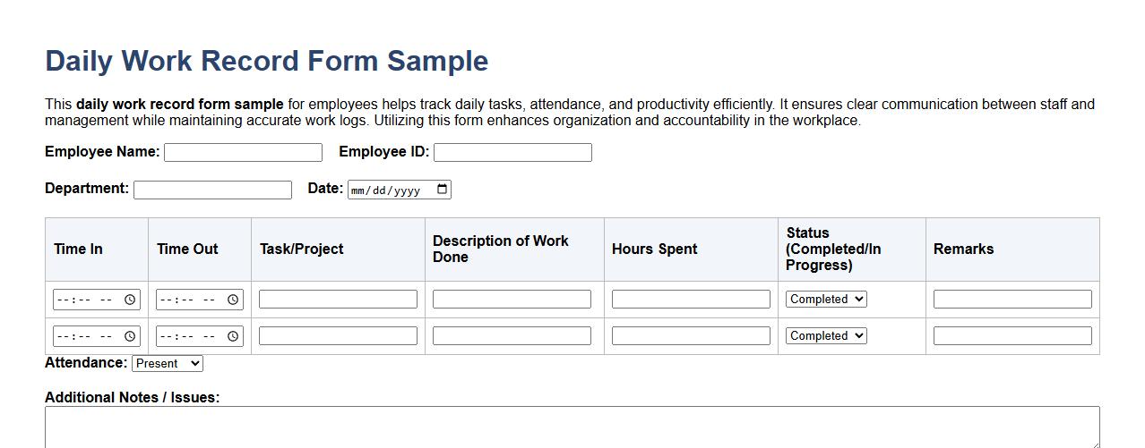 daily work record form sample for employees image preview