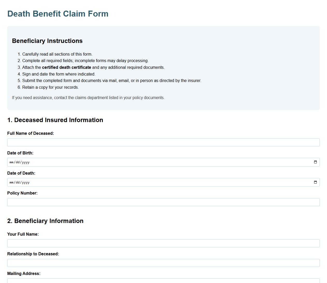 Death benefit claim form sample with beneficiary instructions image preview