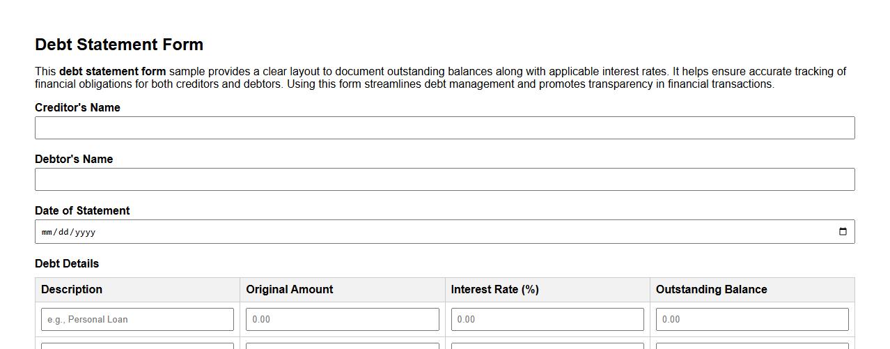 Debt statement form sample including interest rate image preview