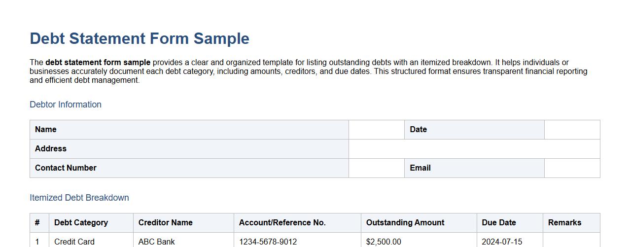 Debt statement form sample with itemized breakdown image preview