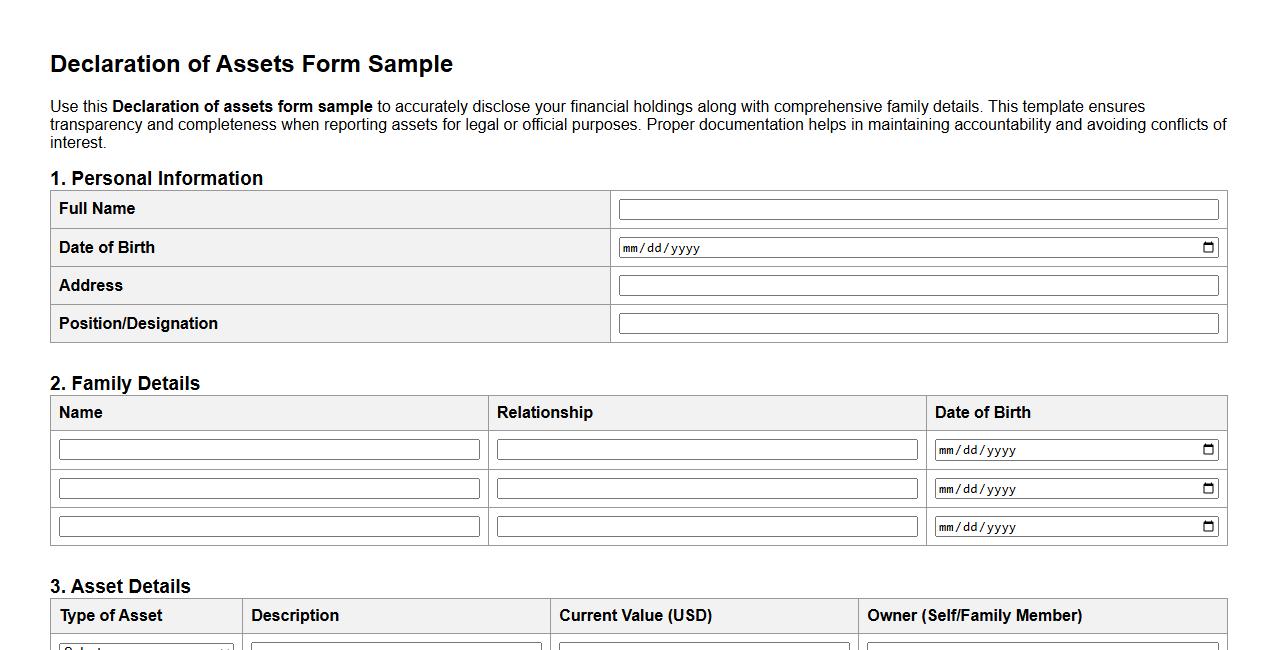 Declaration of assets form sample with family details image preview