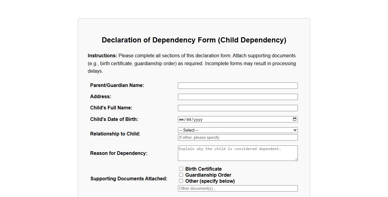 declaration of dependency form sample for child dependency image preview