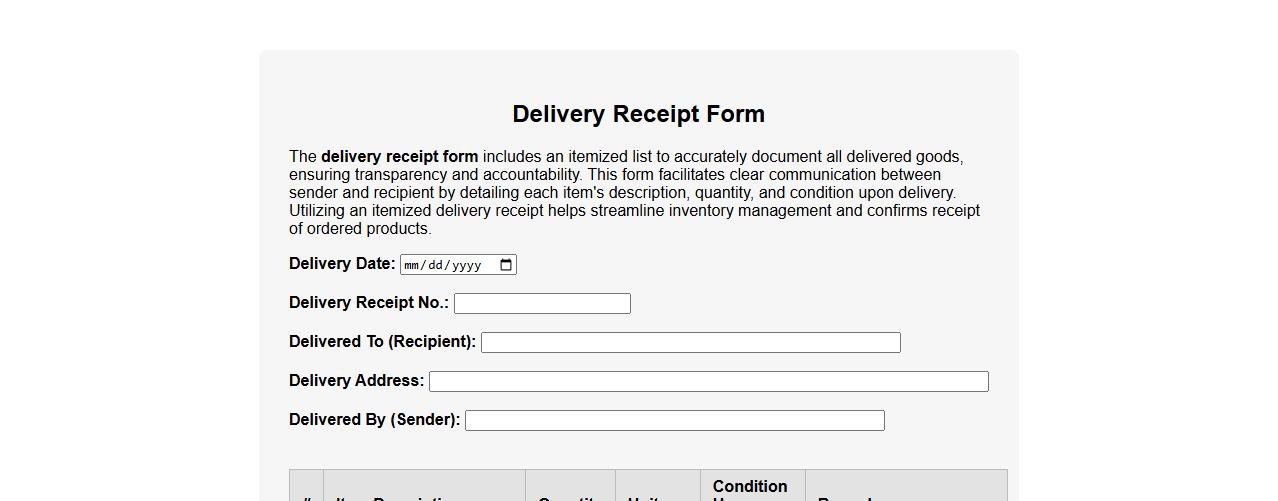 delivery receipt form with itemized list image preview