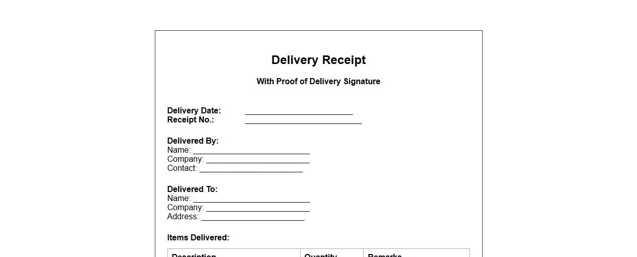 Delivery receipt with proof of delivery signature image preview