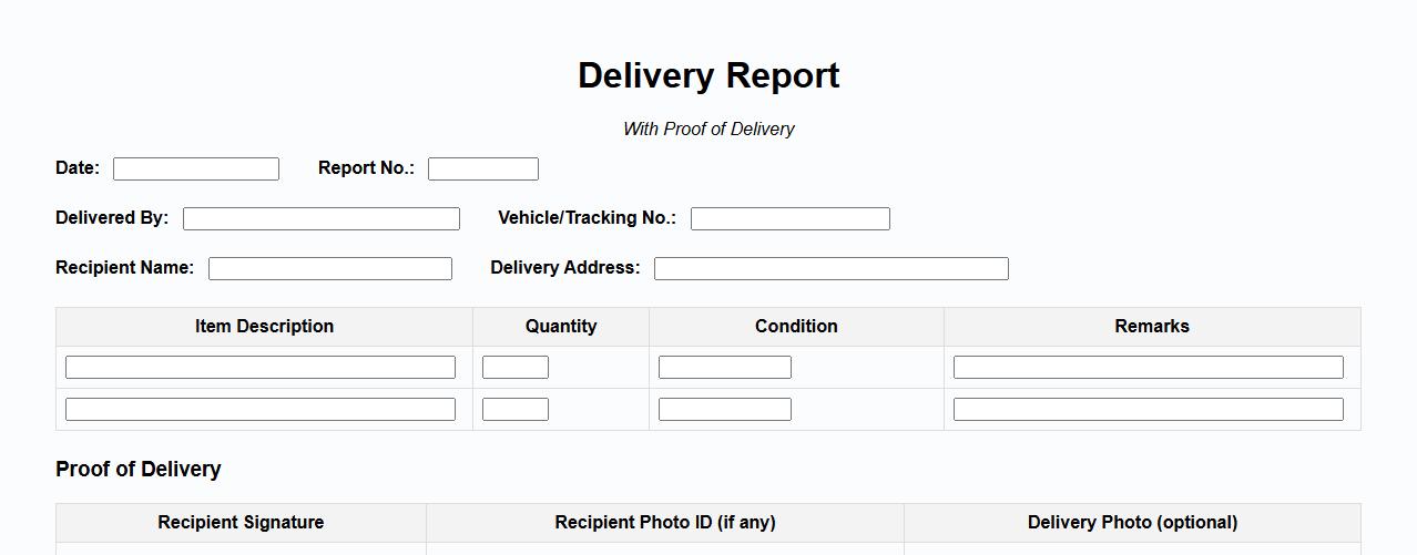 Delivery report template with proof of delivery image preview