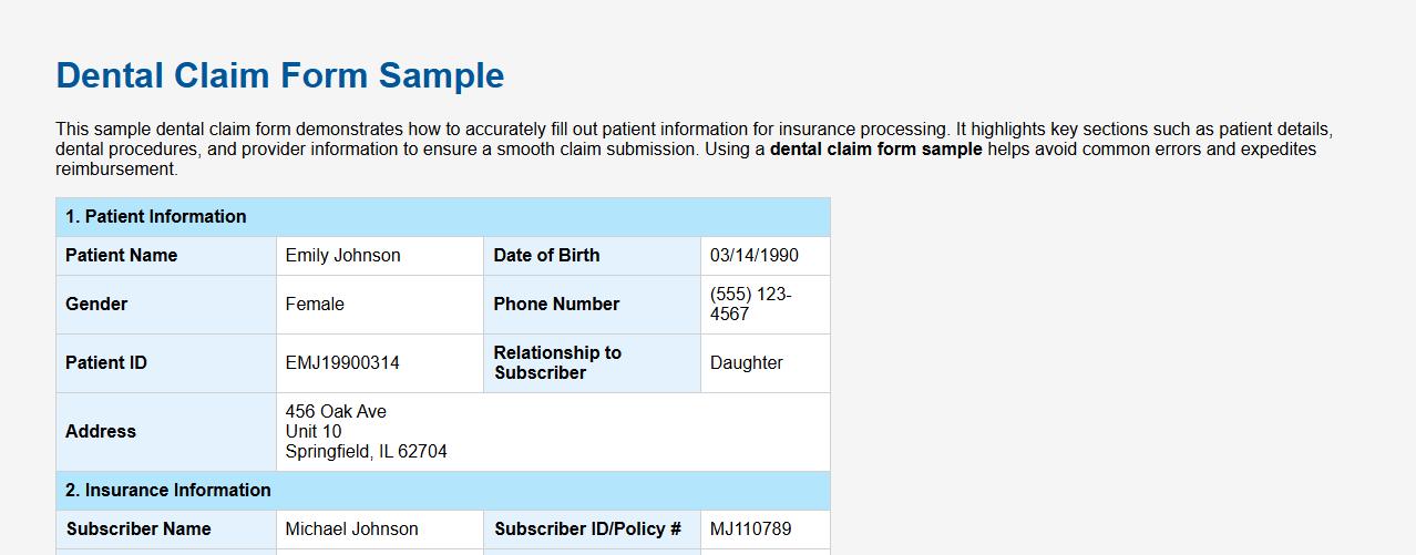 Dental claim form sample with filled-out patient information image preview
