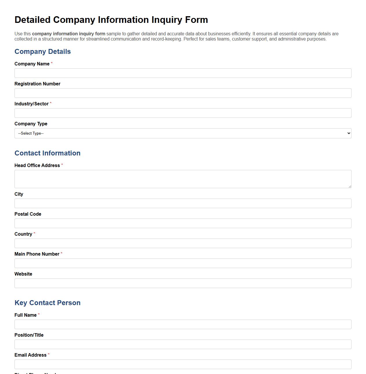 detailed company information inquiry form sample image preview