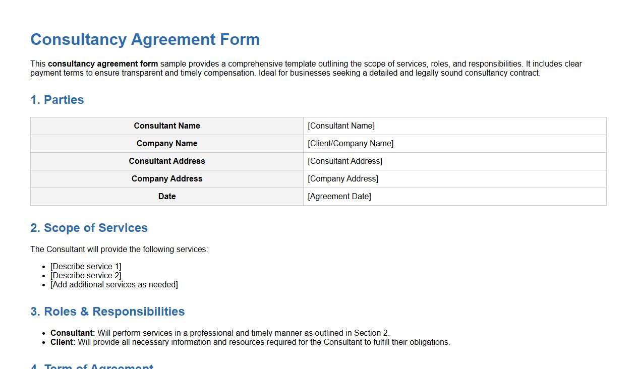 Detailed consultancy agreement form sample with payment terms image preview