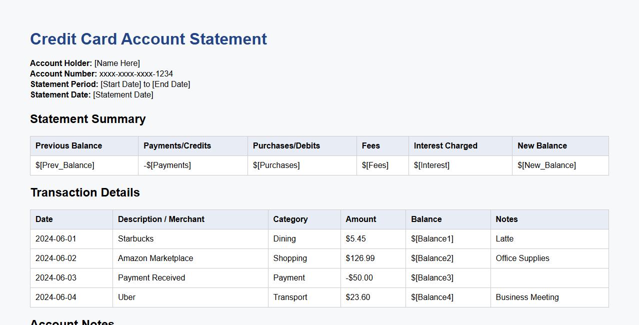 Detailed credit card account statement template for reconciliation image preview