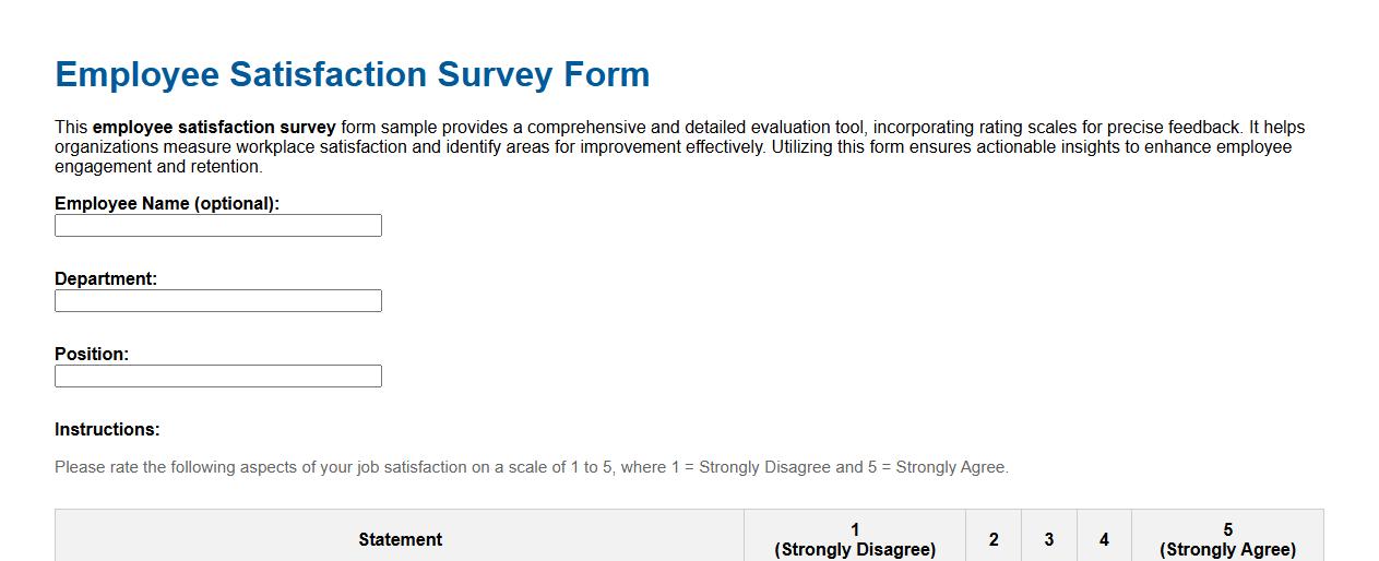 Detailed employee satisfaction survey form sample with ratings image preview