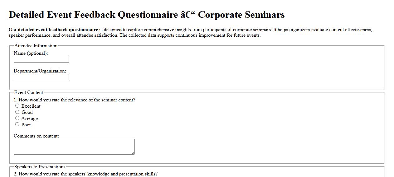 detailed event feedback questionnaire for corporate seminars image preview