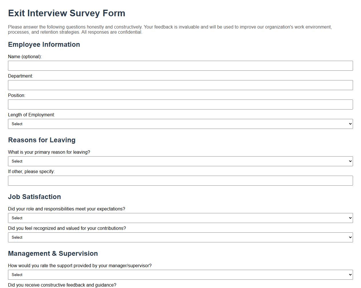 detailed exit interview survey form sample for managers image preview
