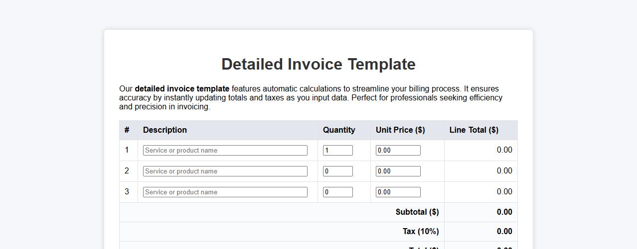 Detailed invoice template with automatic calculations image preview
