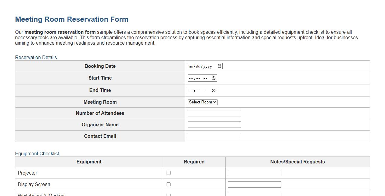 Detailed meeting room reservation form sample with equipment checklist image preview