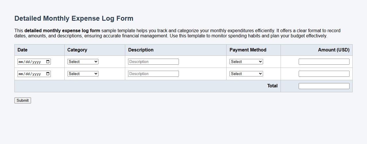 detailed monthly expense log form sample template image preview
