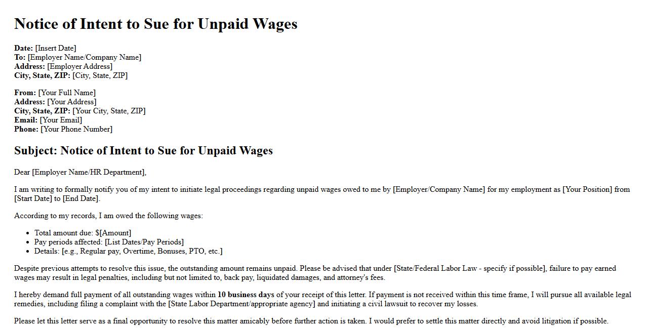 Detailed Notice of Intent to Sue sample for unpaid wages image preview