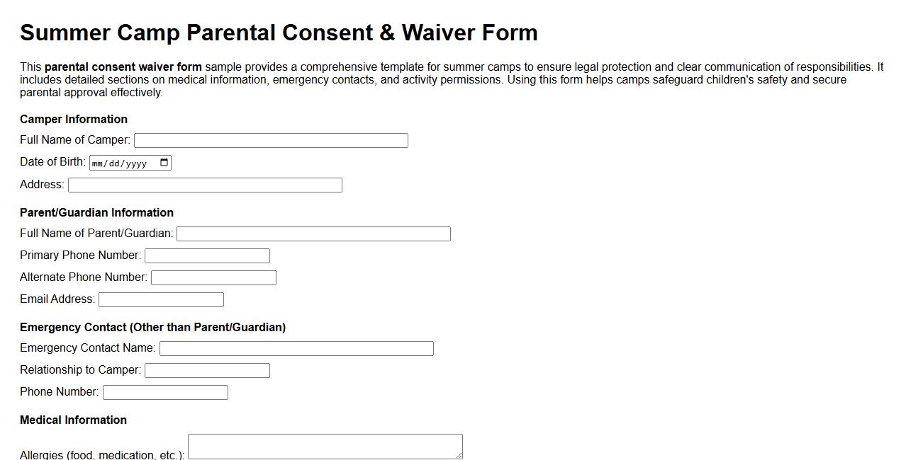 detailed parental consent waiver form sample for summer camp image preview