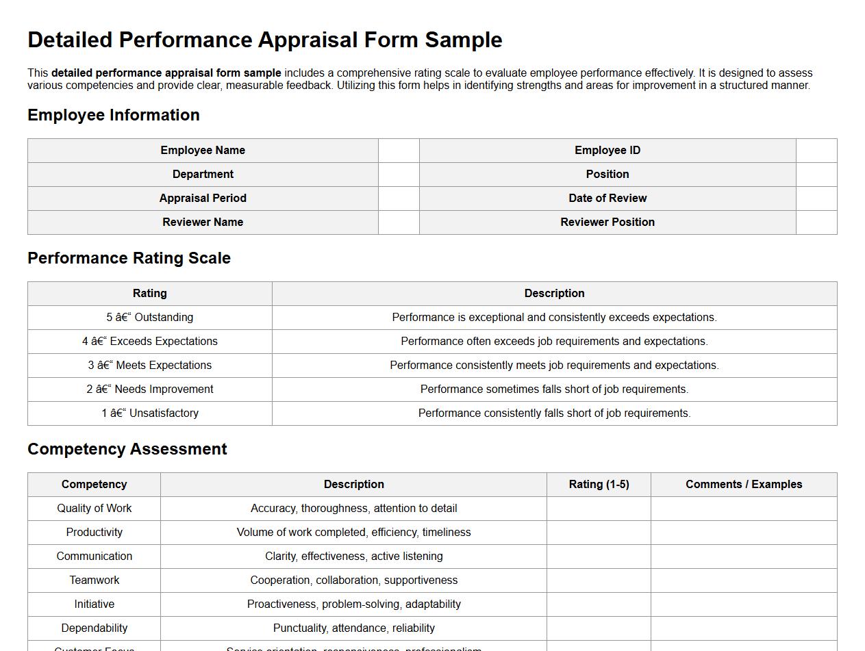 detailed performance appraisal form sample with rating scale image preview
