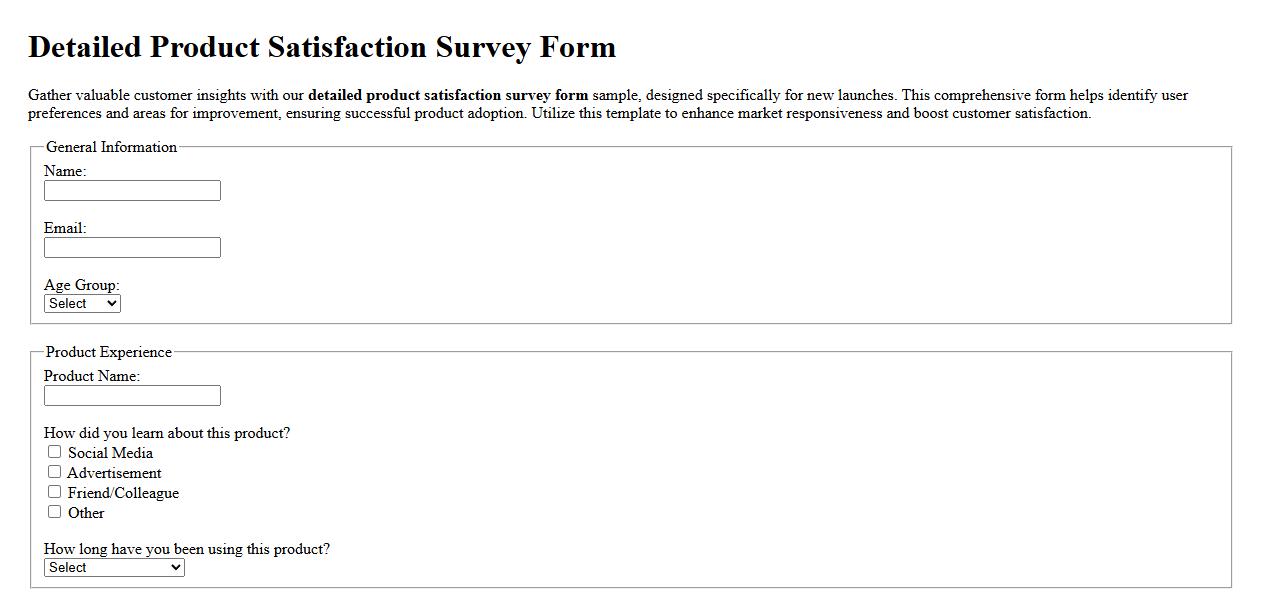 detailed product satisfaction survey form sample for new launches image preview