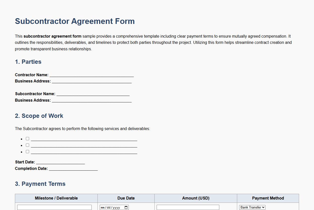 Detailed subcontractor agreement form sample with payment terms image preview