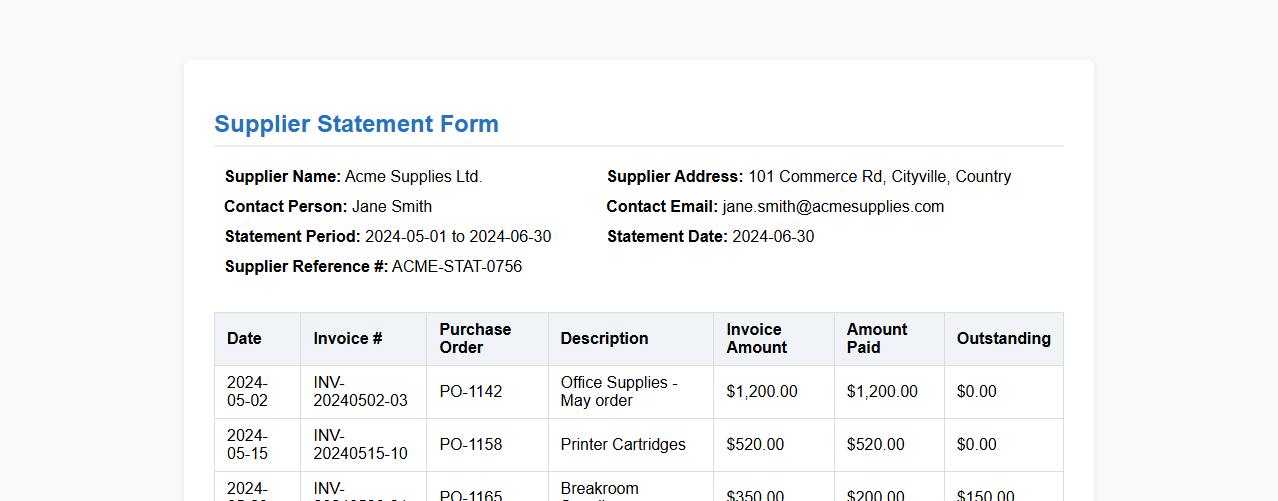 detailed supplier statement form sample for multiple invoices image preview