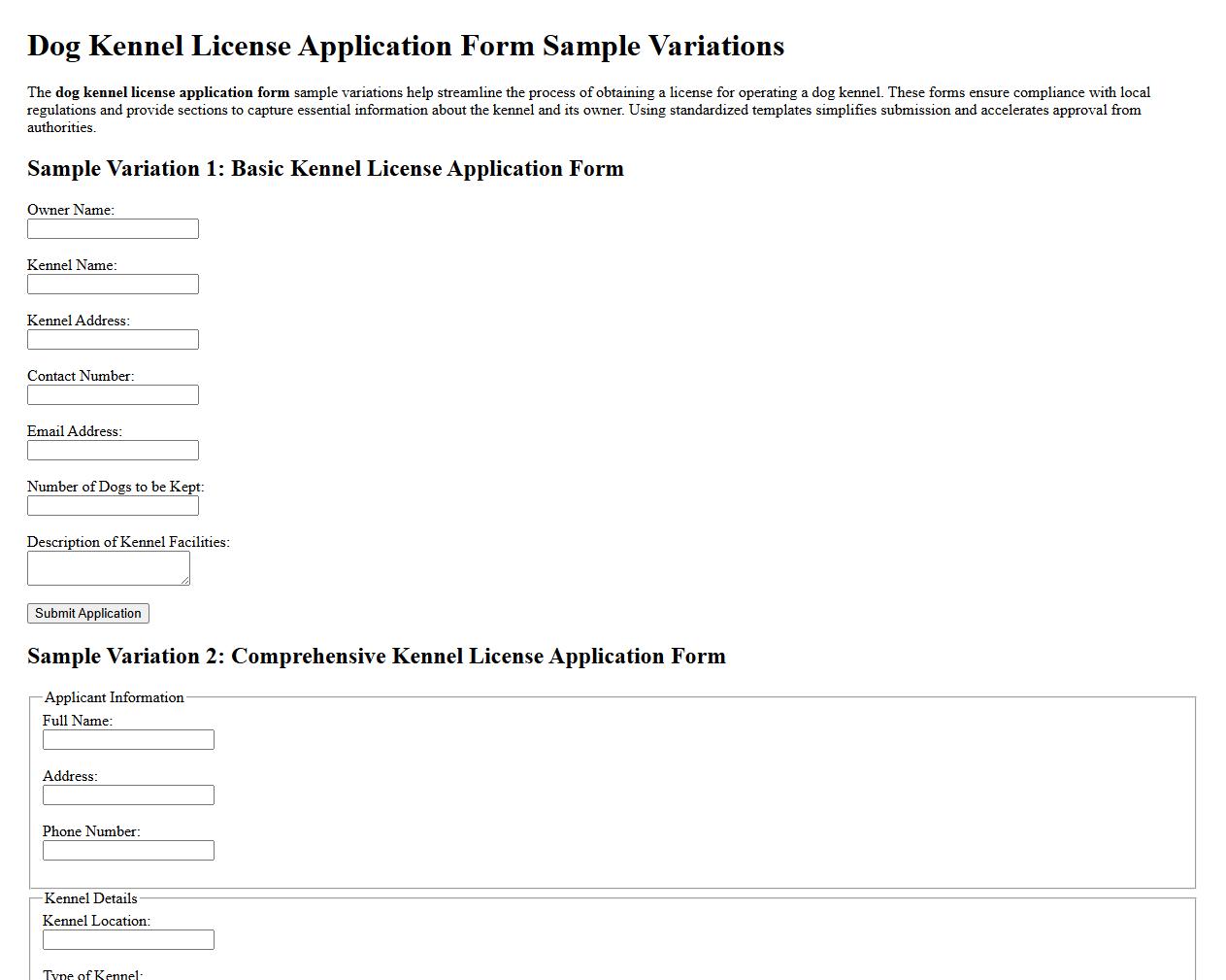 dog kennel license application form sample variations image preview