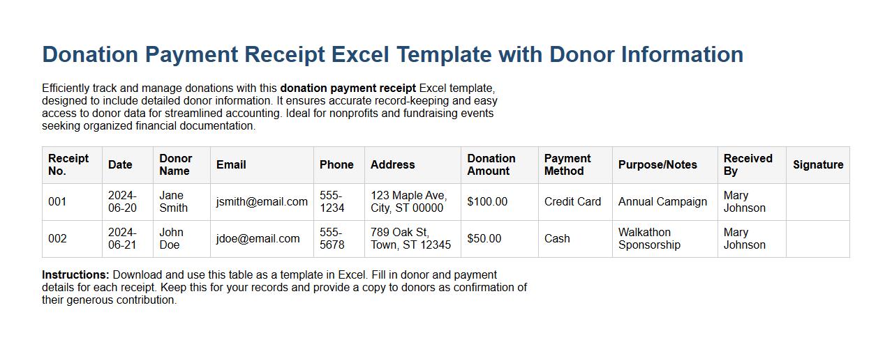 donation payment receipt excel template with donor information image preview