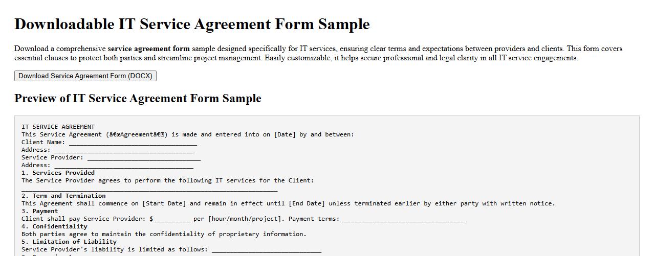 downloadable service agreement form sample for IT services image preview