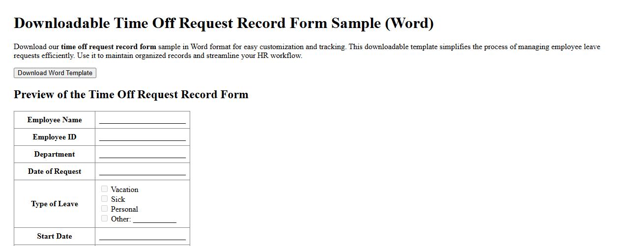 downloadable time off request record form sample in Word image preview