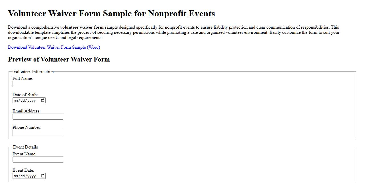 downloadable volunteer waiver form sample for nonprofit events image preview