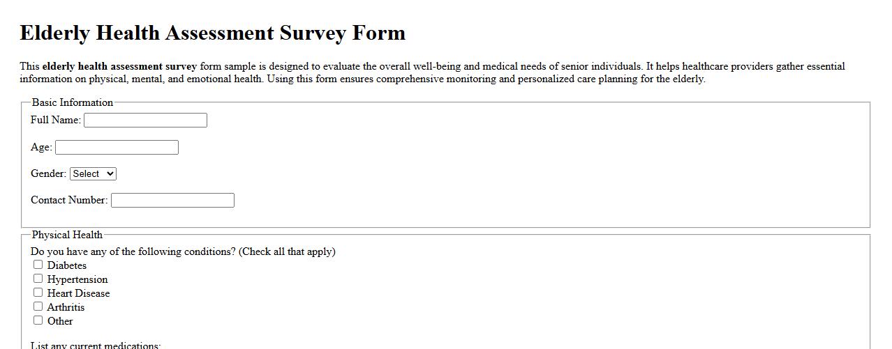Elderly health assessment survey form sample image preview