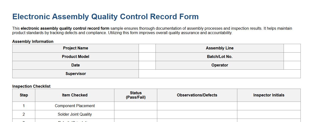 Electronic assembly quality control record form sample image preview