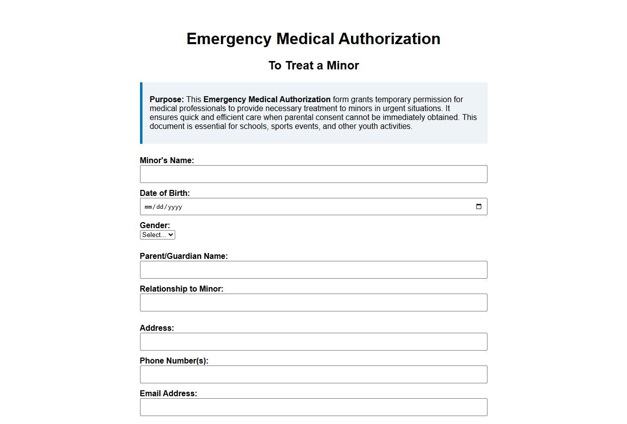 Emergency medical authorization to treat minor form sample image preview