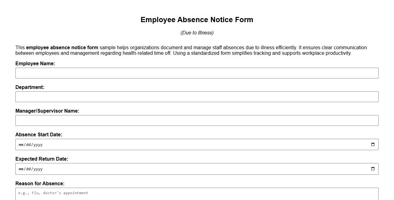 Employee absence notice form sample due to illness image preview