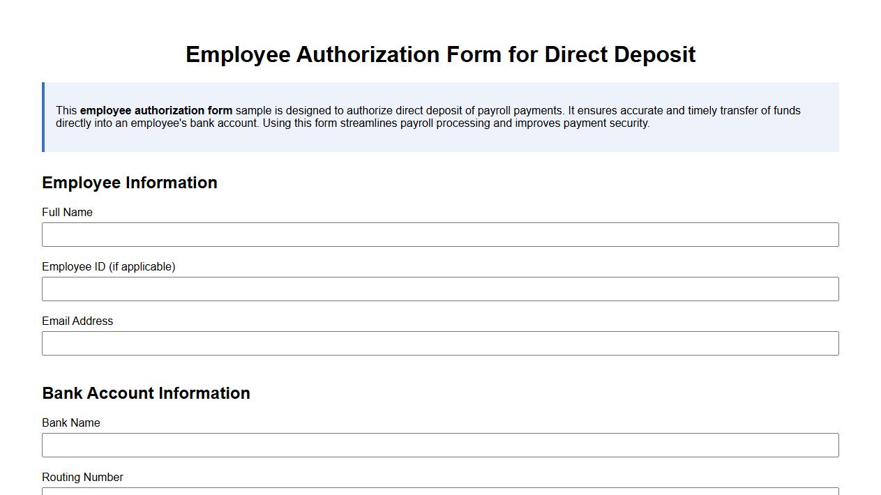 Employee authorization form sample for direct deposit image preview