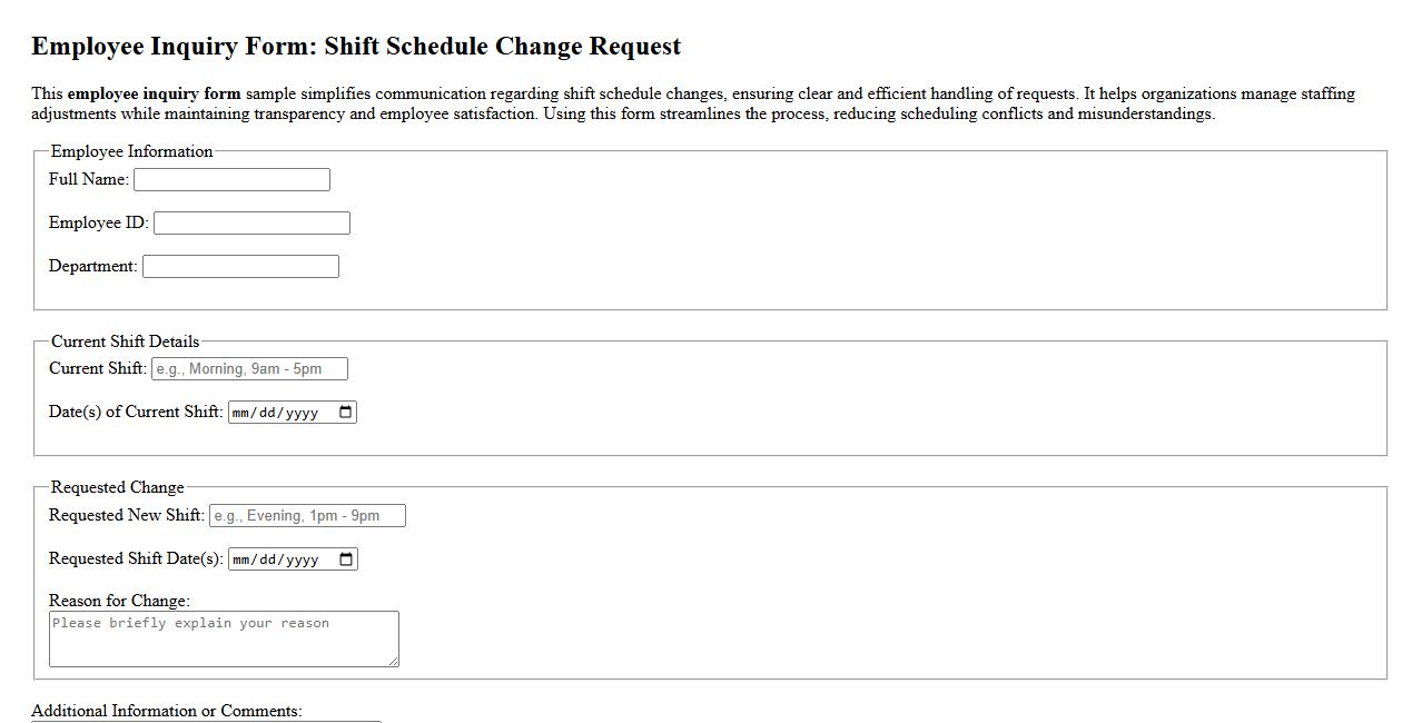 Employee inquiry form sample for shift schedule changes image preview