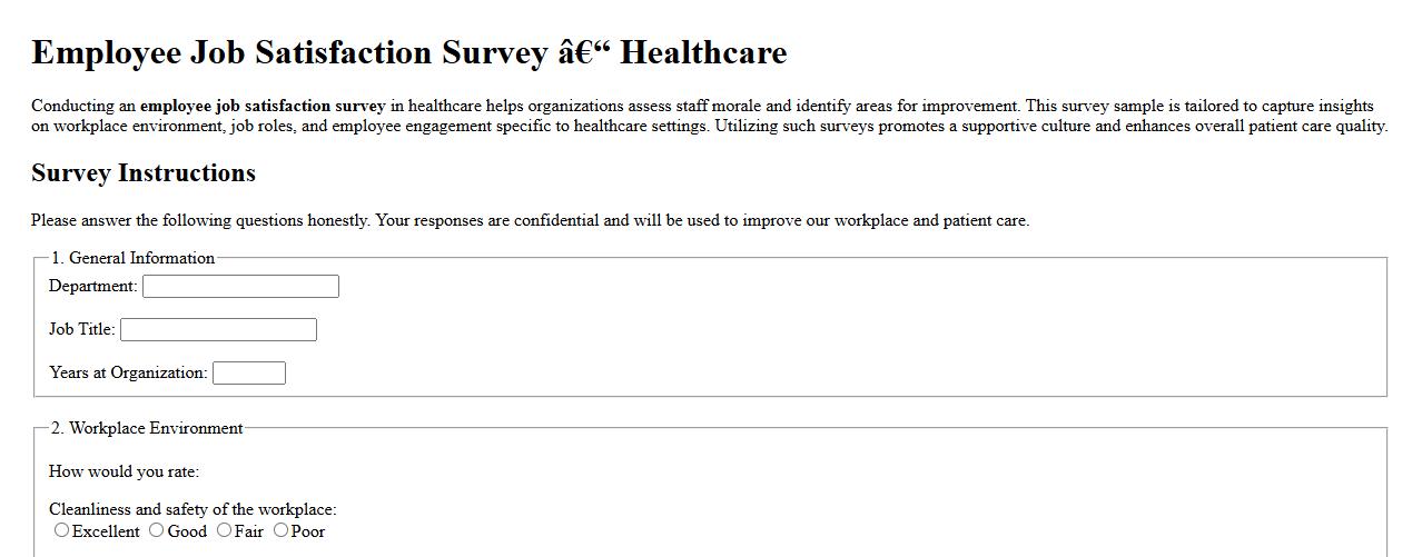 Employee job satisfaction survey sample for healthcare image preview