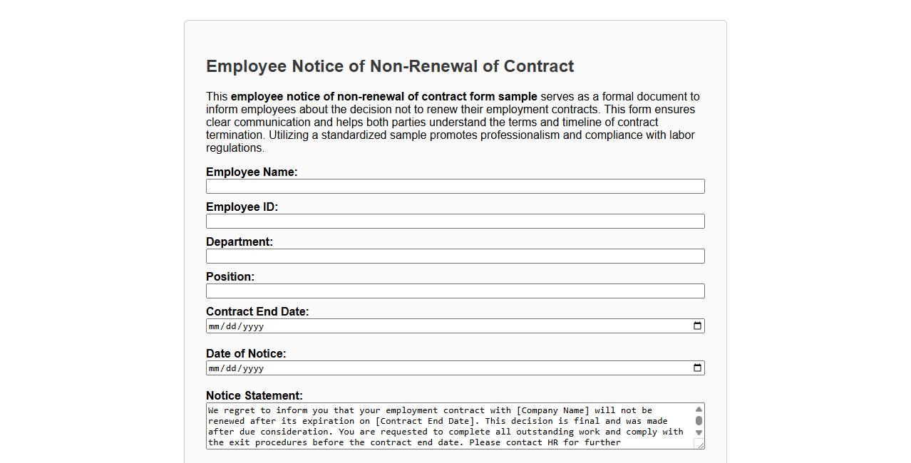 employee notice of non-renewal of contract form sample image preview