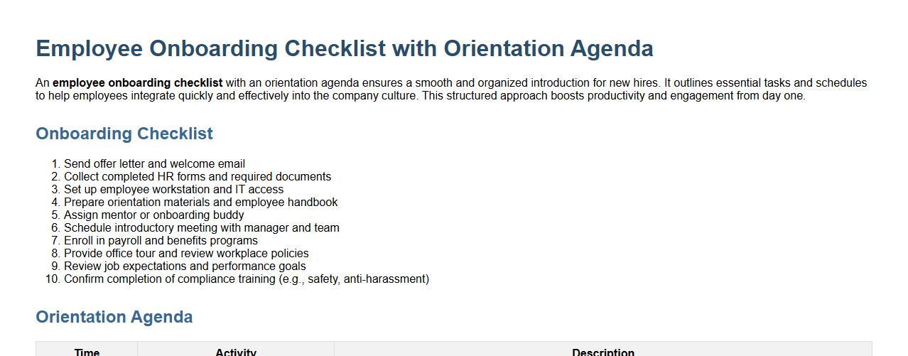 Employee onboarding checklist with orientation agenda image preview