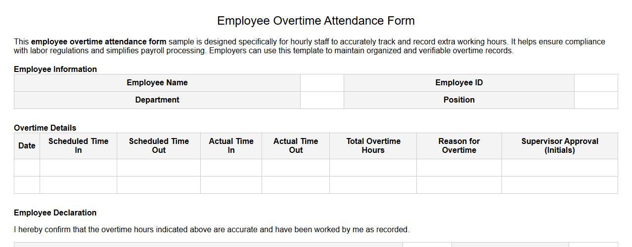 Employee overtime attendance form sample for hourly staff image preview