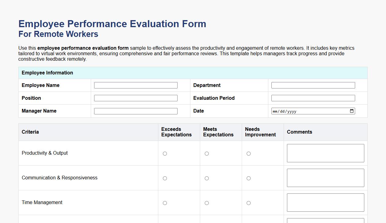 Employee performance evaluation form sample for remote workers image preview