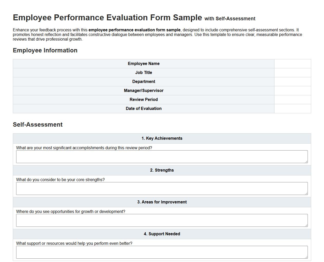 Employee performance evaluation form sample with self-assessment image preview