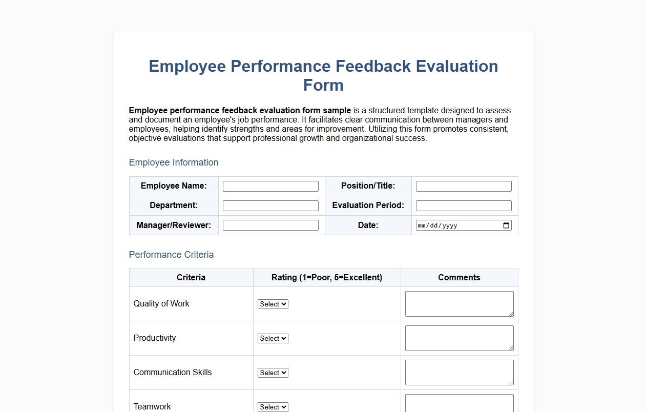 employee performance feedback evaluation form sample image preview
