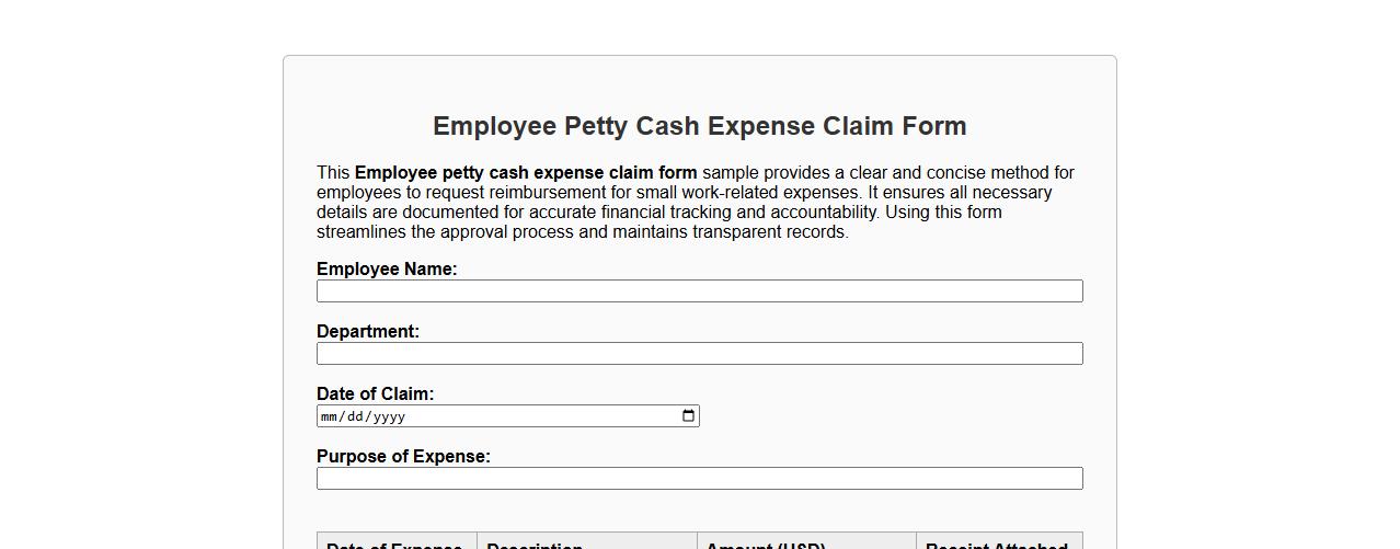 Employee petty cash expense claim form sample image preview