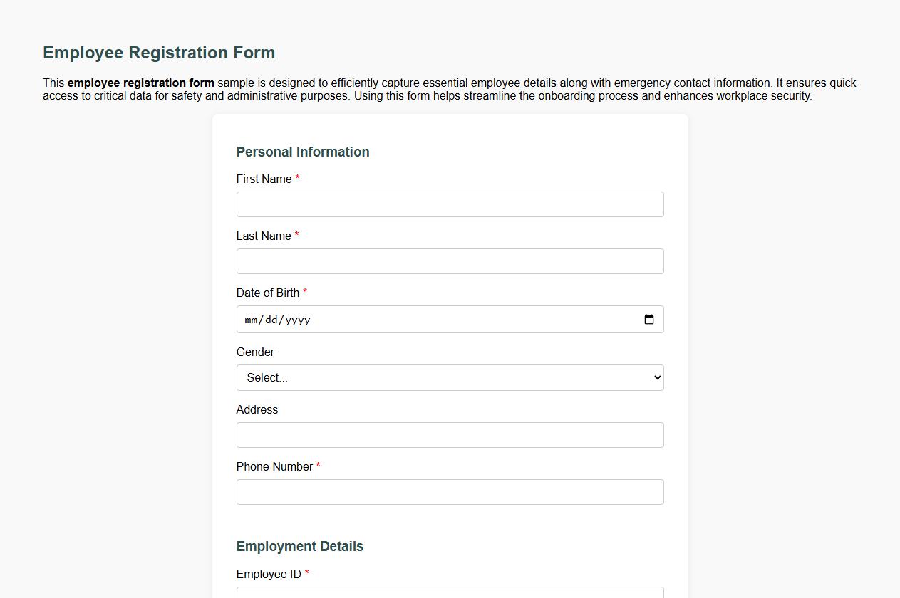 Employee registration form sample with emergency contact image preview