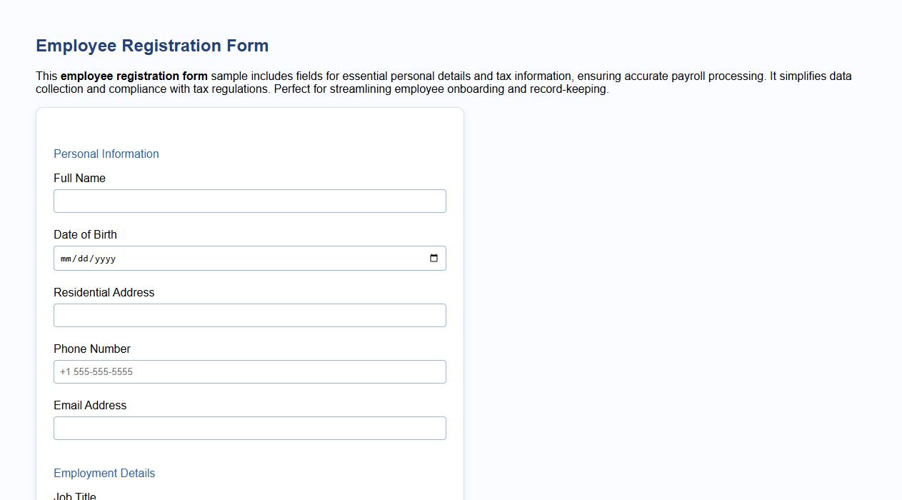 Employee registration form sample with tax information image preview