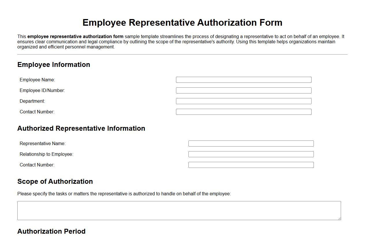 employee representative authorization form sample template image preview