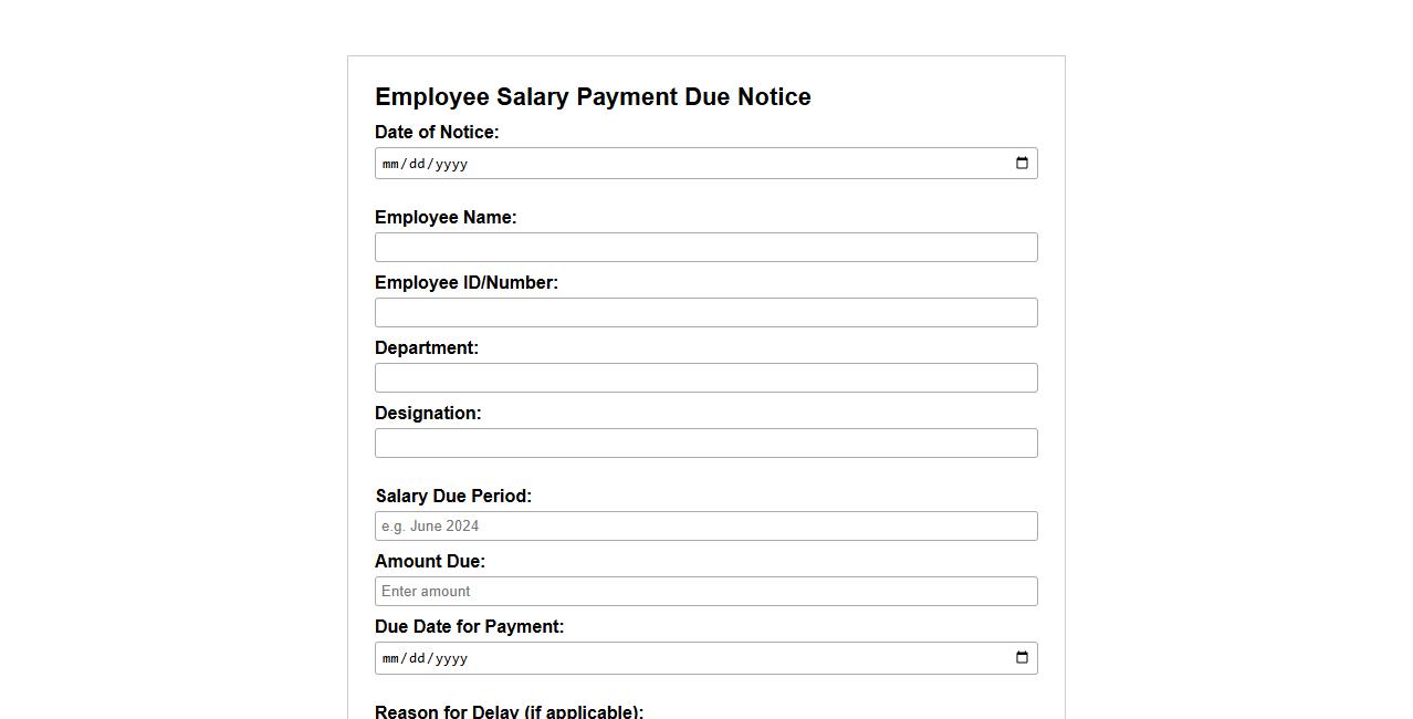 Employee salary payment due notice form sample image preview